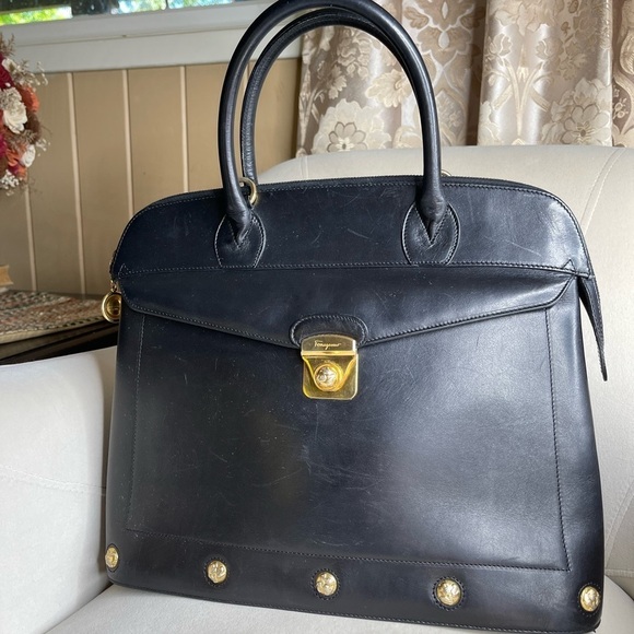 SALVATORE FERRAGAMO BLACK LEATHER Gold STUDDED DOMED SATCHEL Handbag Shoe Accent